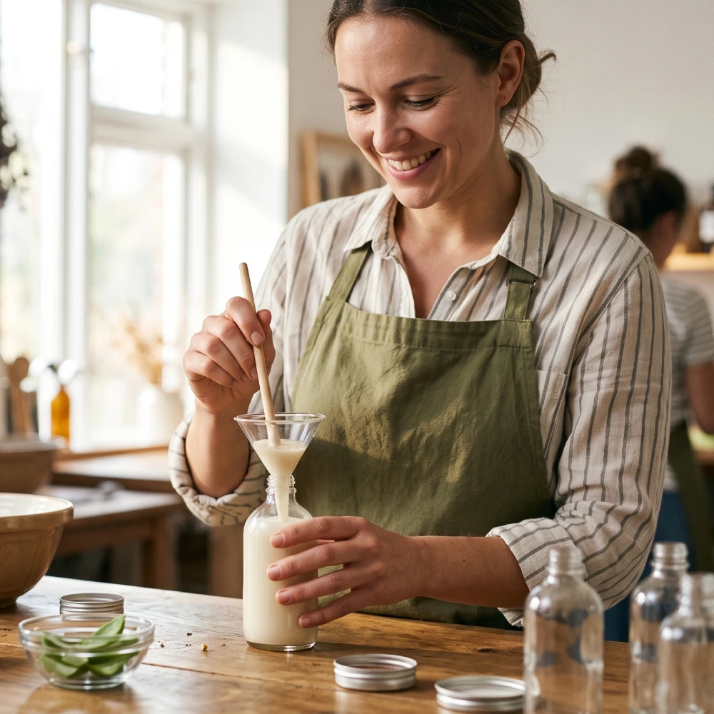 Smiling woman in apron.